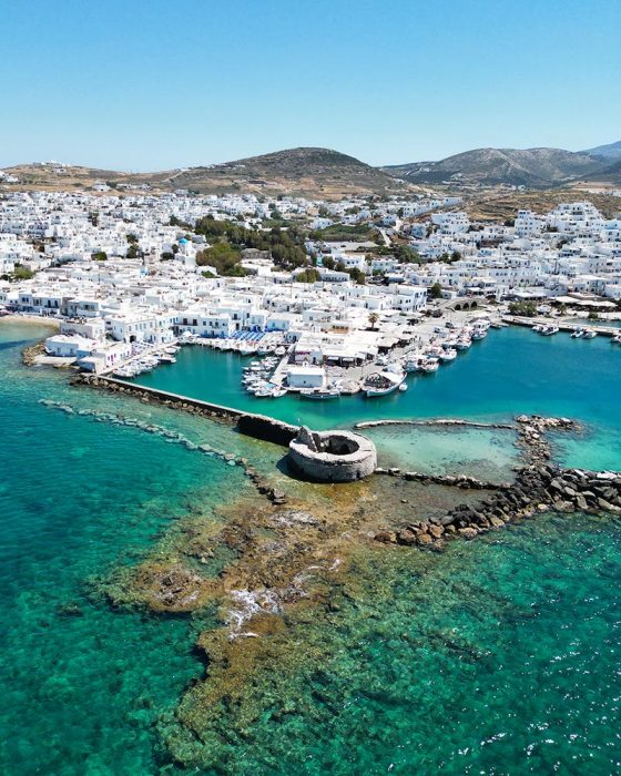 White and blue buildings overlooking the sea in Santorini, Greece